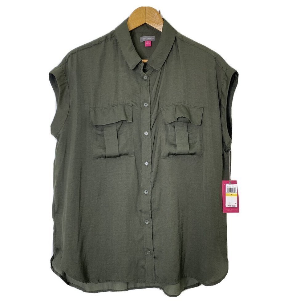 Vince Camuto Women's M Button Front Cap Sleeve Collared High Low Hem Shirt Green